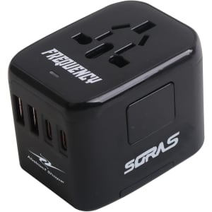 A black universal travel adapter featuring multiple USB-C ports and a power socket, with a logo on the side.