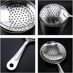 A stainless steel cocktail strainer featuring a long handle and a perforated bowl, displayed from multiple angles.