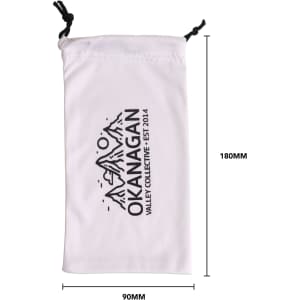 A white sunglasses pouch with a drawstring and logo, measuring 90mm by 180mm.