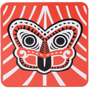 A decorative cork coaster featuring a vibrant red background with a black and white tribal butterfly design.