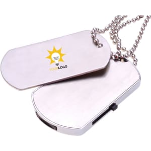 A silver dog tag flash drive with a chain, featuring a logo on one side and a smooth surface on the other.