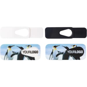 A smart webcam cover set in black and white, featuring a logo on a colourful penguin design.