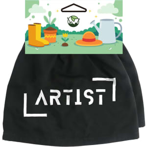 Two black boot covers are displayed with a promotional card featuring gardening items and a logo.