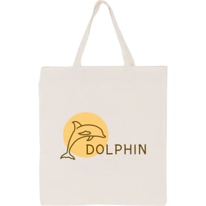 A cream calico bag featuring a dolphin design and a circular background, with a short handle.