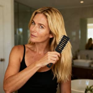 A woman with long blonde hair holds a black hair brush, styling her hair in a bathroom setting.