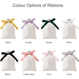 Eight ribbon drawstring gift bags in white with yellow, purple, green, white, black, Indian red, pink, and grey ribbons.