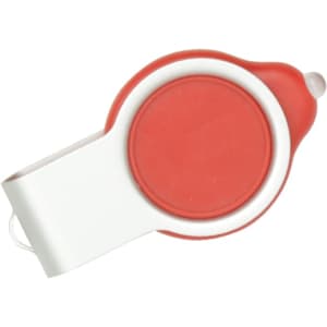 A red and white light-up flash drive with an epoxy doming feature, featuring a circular design and a clip.
