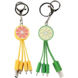 A custom shape PVC charging cable with keyring in yellow and green, featuring fruit designs and multiple connectors.