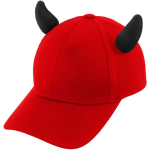 A red baseball cap featuring black devil horns, with a curved brim and a branded logo.