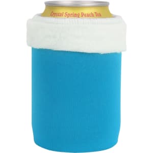 A drink bottle cooler in bright blue with a white, fluffy trim, designed for holding cans.