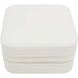 A white PU leather jewellery box with a squared shape and zipper closure. It features a subtle texture and a logo.