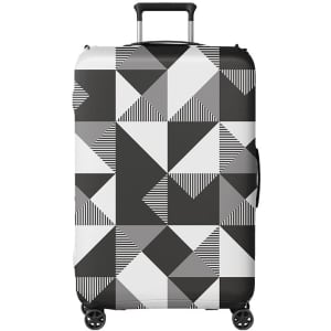 A suitcase cover featuring a geometric pattern in black, white, and grey. It has a handle and wheels for easy mobility.