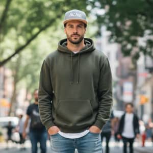 A man in an olive green hoodie and a grey snapback cap with a logo, standing on a busy street surrounded by people.
