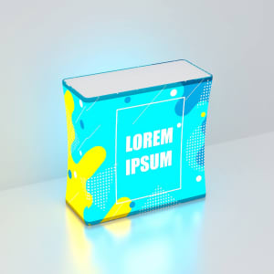 A backlit LED display with a vibrant blue and yellow design. It features a logo and an illuminated rectangular shape.