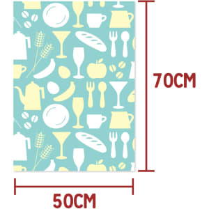A roll of wrapping paper featuring light yellow illustrations of food and drink items on a teal background, measuring 50cm x 70cm.