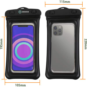 A waterproof universal cellphone dry bag in black, featuring a clear front for screens and a logo at the top.