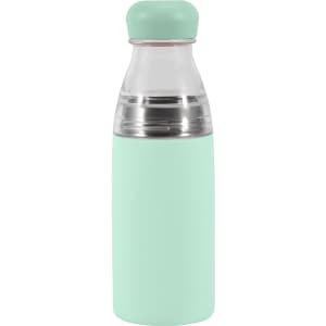 A drink bottle featuring a mint green exterior and a stainless steel base, topped with a matching lid. It has a logo.