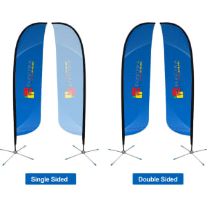 Convex feather banners in blue, featuring single-sided and double-sided designs, displayed with bases for stability.