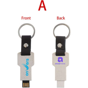 An eco-friendly mini flash drive keychain in light beige with a black keyring, featuring branding on both sides.