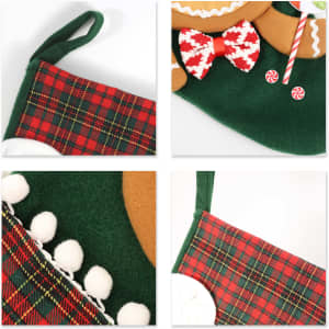 Custom felt patch Christmas stocking in green and red tartan, featuring decorative elements like bows and pom-poms.