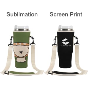 A drink bottle carrier bag for Stanley Cup in green with a cartoon, and black with a logo. Both feature adjustable straps.