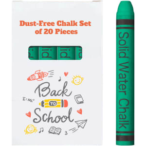 A box containing 20 sticks of dust-free chalk in green, with a logo and colourful illustrations on the packaging.