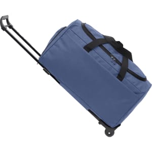 A wheeled duffel bag in blue with a retractable handle and wheels for easy transport. It features zippers and a logo.