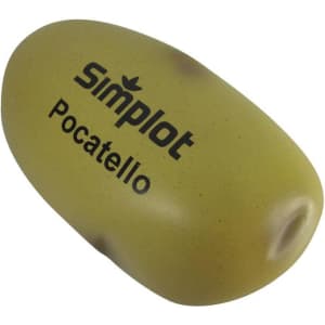 A yellow potato-shaped stress reliever with a smooth surface and a branding logo.