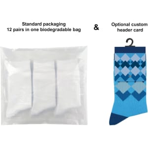 Three pairs of blue work socks packaged in a biodegradable bag, featuring a diamond pattern and a custom header card.