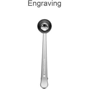 A stainless steel coffee measuring spoon with a clip, featuring a branded logo.