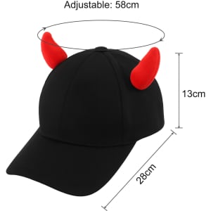 A black baseball cap featuring red devil horns, adjustable size, with dimensions provided.
