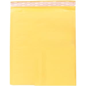 A small padded bubble envelope in yellow, featuring a sealable flap and logo branding at the top.
