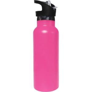 A drink bottle in vibrant pink with a black flip valve lid, featuring a logo. Double wall vacuum insulation included.