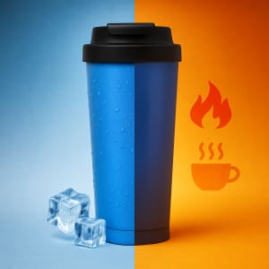 A drink bottle in blue with a black lid, featuring condensation, alongside ice cubes on a split background.