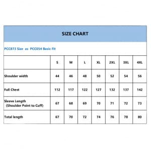 A size chart displaying measurements for a unisex polyester spandex track jacket in various sizes.