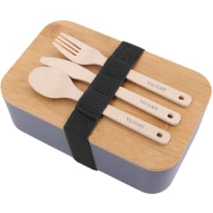 A lunch box in grey with a bamboo cover, featuring wooden utensils secured by a black strap. It has a branding logo.
