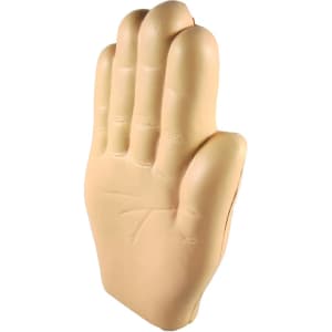 A palm-shaped stress reliever in a beige colour, resembling a hand. Features a smooth texture and includes a logo.