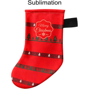 A red Christmas stocking featuring festive patterns, trees, and a decorative label, with a hanging loop.
