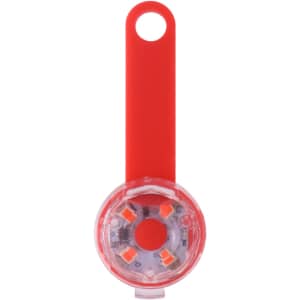 A red LED pet collar light with a clear round casing and four visible lights. It features a loop for attachment.