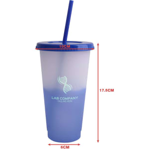 A drink bottle with a gradient design, featuring blue and clear plastic, a lid, straw, and a logo.