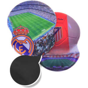 A set of three gel mouse mats featuring football stadiums with team logos in vibrant colours and a plain black mat.