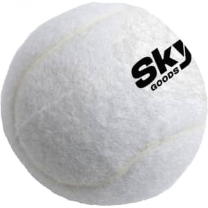 A white pet tennis ball with a textured surface and a logo on one side.