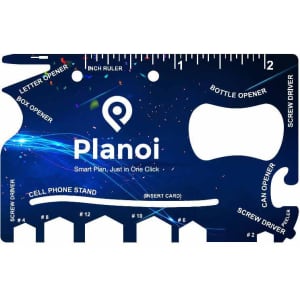 A card-sized multi-tool in blue featuring various tool functions, including a bottle opener, screwdrivers, and a cell phone stand.