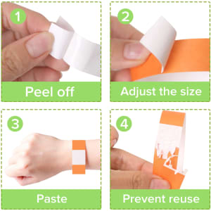 Step-by-step guide for a 19mm width disposable full colour Tyvek wristband, featuring orange and white colours.
