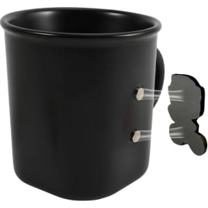 A black ceramic coffee mug with a sleek design and two magnetic attachments on the side. It features a logo.
