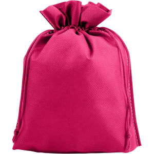 A fuchsia non-woven drawstring bag with a gathered top and textured surface. It features a logo.