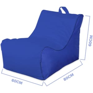 A blue beanbag chair with a backrest and handle, measuring 60cm by 80cm. It has a simple, modern design.