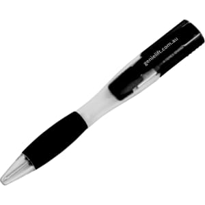 A black and clear ballpoint pen with a flash drive integrated into the design, featuring a logo.