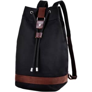 A black canvas bucket backpack with a brown strap and a drawstring closure. It has adjustable shoulder straps and a logo.
