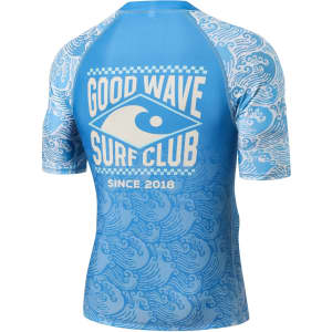 A blue short-sleeve rashie featuring wave patterns and a logo on the back. UPF 50+ protection included.